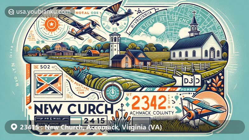 Modern illustration of New Church, Virginia, showcasing postal theme with ZIP code 23415, featuring iconic elements of Accomack County and Virginia, possibly representing local agriculture or historical sites like Pitts Neck Farm.