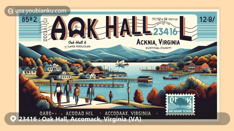 Modern illustration of Oak Hall, Accomack County, Virginia, showcasing postal theme with ZIP code 23416, featuring Arcadia High School and diverse cultural heritage.