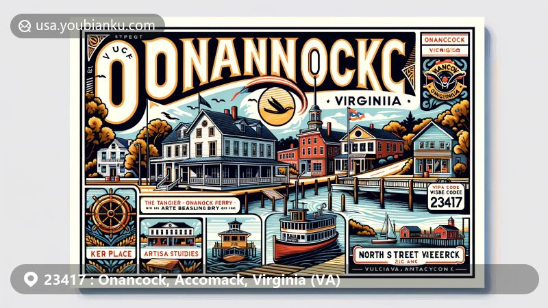 Modern illustration of Onancock, Virginia, featuring Tangier Onancock Ferry, Ker Place, and North Street Playhouse, set against a charming downtown backdrop with a bay and sea, symbolizing local art and maritime heritage with artisan studios and Onancock Creek, capturing vibrant community, culture, and scenic beauty, showcasing unique ZIP code 23417.