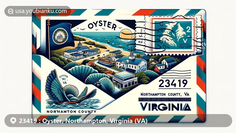 Modern illustration of Oyster, Northampton County, Virginia, highlighting postal theme with airmail envelope, Virginia's state flag, and coastal landmarks, including the ZIP code 23419.