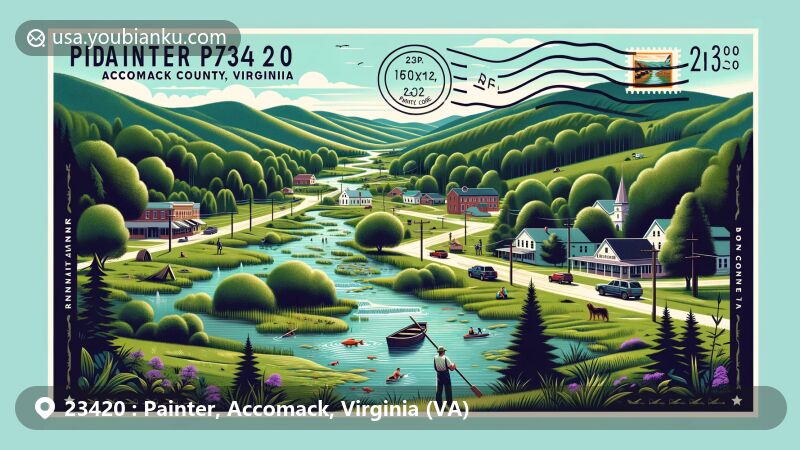 Modern illustration of Painter, Accomack County, Virginia, capturing the essence of its natural beauty with dense forests, undulating hills, and clear streams, symbolizing outdoor activities like fishing, hiking, biking, and camping, alongside a quaint downtown area.