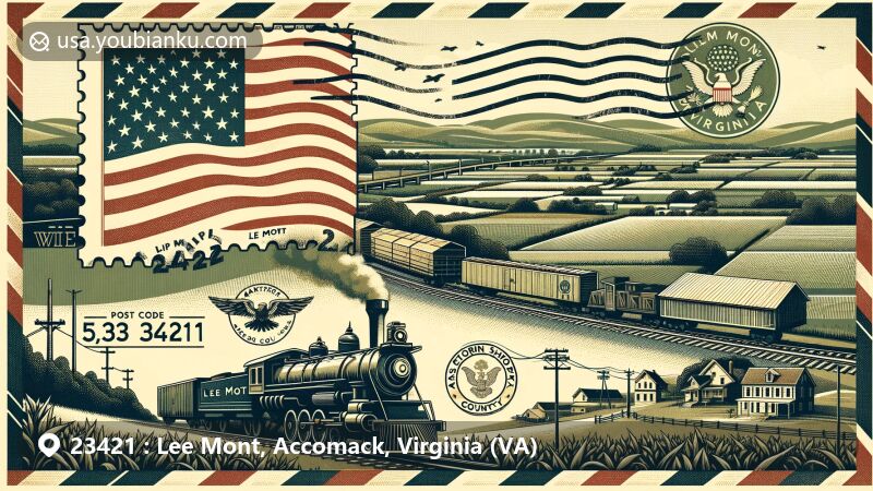 Modern illustration of Lee Mont, Accomack County, Virginia, with vintage postal design showcasing ZIP code 23421, featuring Eastern Shore Railway Museum and scenic landscape.