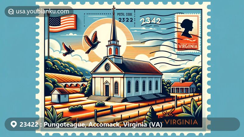 Modern illustration of St. George's Church in Pungoteague, Virginia, inspired by postal code 23422, featuring elements of the Virginia state flag and a postcard theme.