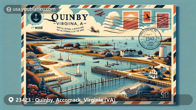Modern illustration of Quinby, Virginia, with ZIP code 23423, featuring Quinby Inlet as the central theme and incorporating postal elements like airmail border, vintage stamps, and postmark.