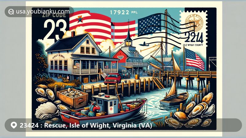 Modern illustration of Rescue, Isle of Wight County, Virginia, showcasing rural fishing village charm with fishing boats, oysters, Jones Creek, and the Rescue Bridge against the Isle of Wight County flag, featuring postal elements like a postmark, ZIP code 23424, and a stylized post office.