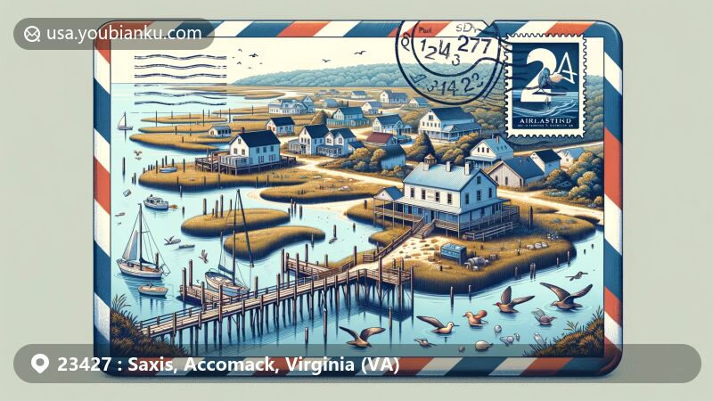Modern illustration of Saxis, Virginia, capturing the town's charm through a web-friendly style resembling an airmail envelope, featuring Saxis fishing pier, Saxis Harbor, Saxis Wildlife Management Area, Saxis Island Museum, local seafood, waterfowl, postal symbols, and ZIP code 23427.