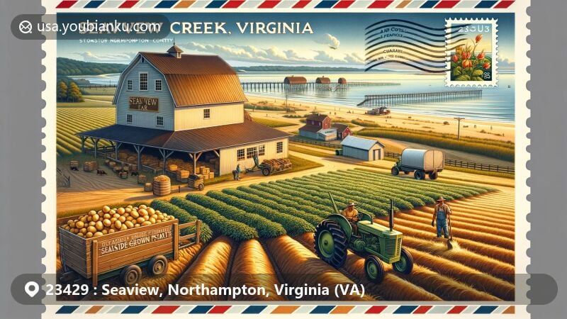 Artistic representation of Seaview, Virginia, featuring Seaview Creek Farm's agricultural legacy and scenic beauty, with a historic barn, harvested potatoes, and Virginia Coast Reserve.