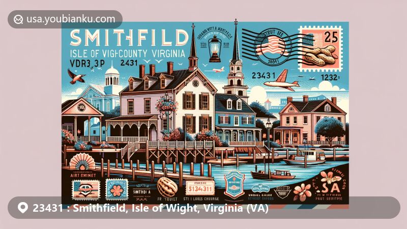 Modern illustration of Smithfield, Isle of Wight, Virginia, featuring a creative postcard design with ZIP code 23431, showcasing 18th & 19th-century architecture, Victorian gingerbread, Federal to Gothic cottages, and nods to the town's 'Ham Capital of the World' and peanut heritage.