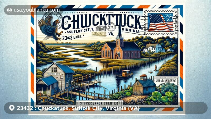 Modern illustration of Chuckatuck, Suffolk City, Virginia, with postal themes, showcasing Nansemond River, St. John's Episcopal Church, Great Dismal Swamp, and Lone Star Lakes. Features air mail envelope design with Virginia state flag stamp and ZIP code 23432.