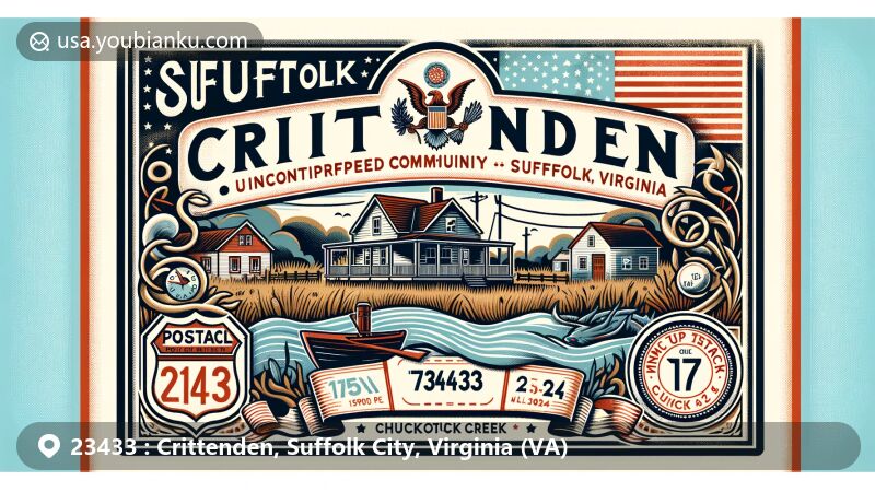 Modern illustration of Crittenden, Suffolk City, Virginia, incorporating state flag and postal motifs, with vintage postcard frame, postage stamp, and postmark, highlighting ZIP code 23433.