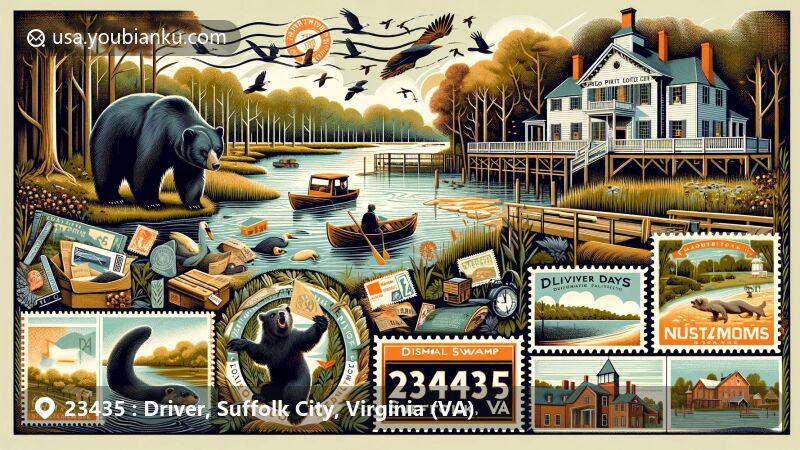 Modern illustration of Suffolk, Virginia, showcasing Great Dismal Swamp wildlife like black bears and river otters, Obici House representing local history, Driver Days Fall Festival, and serene landscape with Lake Drummond.