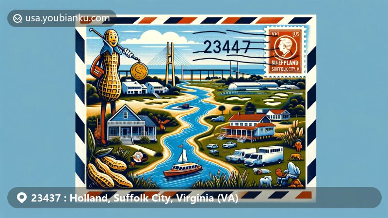 Modern illustration of Holland, Suffolk City, Virginia, showcasing postal theme with ZIP code 23437, featuring Sleepy Hole Golf Course, Mr. Peanut statue, Obici House, Kingsale Swamp, Virginia's wildlife, and state flag.