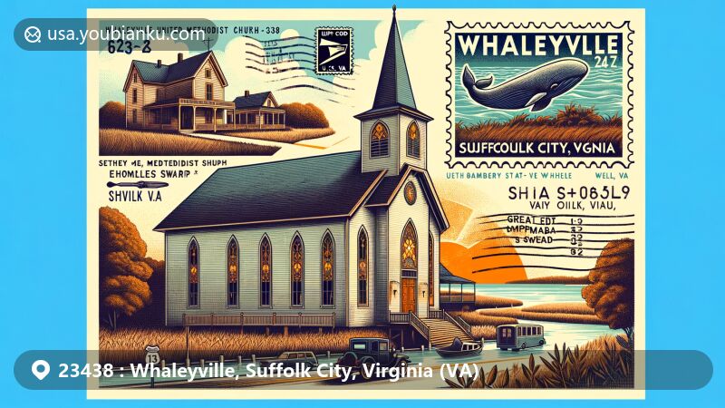 Modern illustration of Whaleyville, Suffolk City, Virginia, highlighting unique postal features and historical landmarks like Whaleyville United Methodist Church and Seth M. Whaley's home, with nods to the lumber industry, Great Dismal Swamp, and U.S. Route 13.
