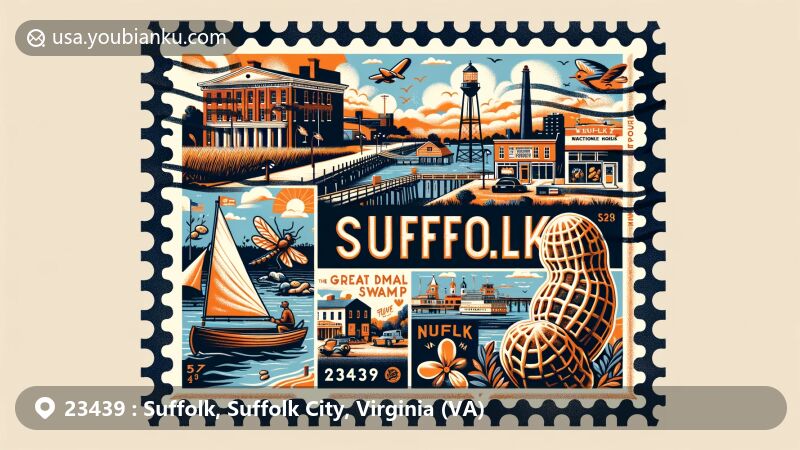 Modern illustration of Suffolk, Virginia, featuring ZIP code 23439, highlighting rich history, Hampton Roads location, and natural landscapes, including Great Dismal Swamp National Wildlife Refuge. Design showcases colonial heritage, downtown area, and peanut processing significance with a whimsical Mr. Peanut. Creative postal theme with vibrant colors captures Suffolk's essence for webpage audience.