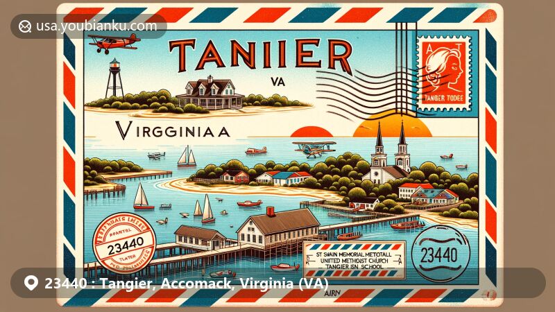 Modern illustration of Tangier, Accomack County, Virginia, featuring a vintage airmail envelope revealing Chesapeake Bay, sandy ridges, marshes, Swain Memorial United Methodist Church, Tangier Combined School, and Tangier Island Airport.