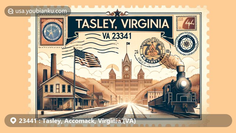 Modern illustration of Tasley, Virginia, blending historical and modern elements with a vintage postcard theme, showcasing Virginia state flag and postal elements, including 'Tasley, VA 23441'.