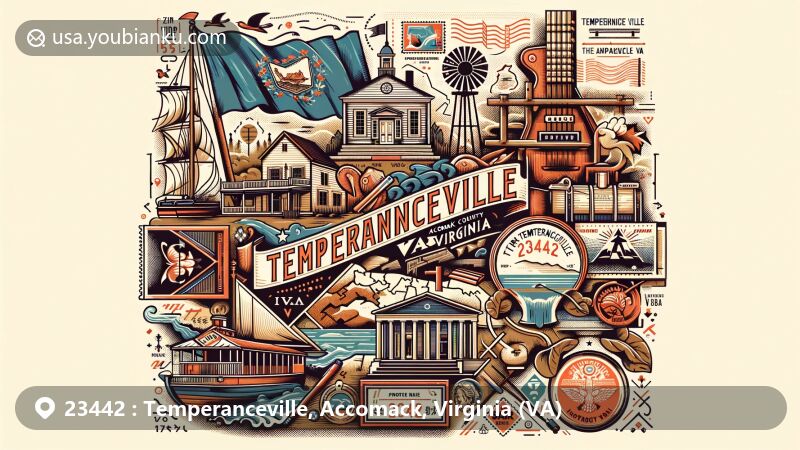 Modern illustration of Temperanceville, Accomack County, Virginia, highlighting ZIP code 23442 with symbolic elements like the Virginia state flag, Accomack County outline, and Quaker heritage.
