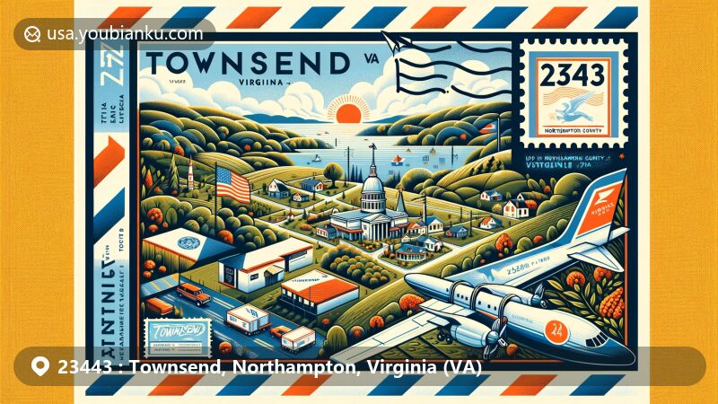 Modern illustration of Townsend, Northampton County, Virginia, inspired by airmail envelope design, featuring ZIP code 23443 and DELMARVA Region landscapes.