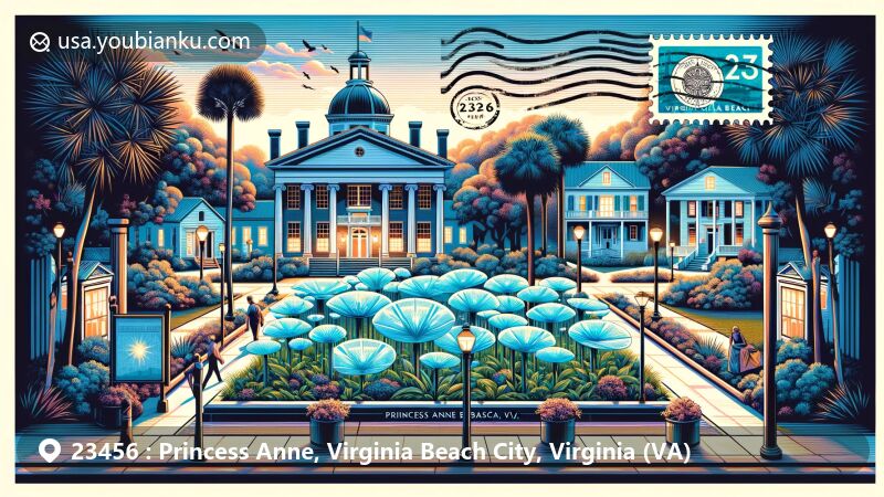 Modern illustration of Princess Anne, Virginia Beach, Virginia, showcasing historic landmarks, natural scenery, and postal theme for ZIP code 23456, featuring the 1822 courthouse, Whitehurst-Buffington House, Kellam House, Light Garden sculpture, and Virginia Beach's typical flora.