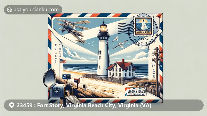 Modern illustration of Cape Henry Lighthouse at Fort Story in Virginia Beach, Virginia, set against the Atlantic Ocean, encapsulating guidance and maritime heritage, uniquely framed within an air mail envelope with postal elements and a faux postage stamp showcasing '23459' ZIP code and 'Virginia Beach, VA'.