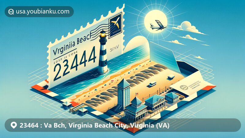 Modern illustration of Virginia Beach City, Virginia, featuring ZIP code 23464, showcasing sandy beaches, Cape Henry Lighthouse, airmail envelope with Virginia Beach Boardwalk, and postal stamp.