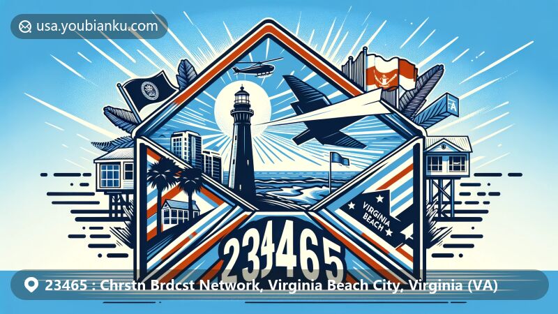 Modern illustration of Virginia Beach City, Virginia, featuring postal theme with ZIP code 23465, showcasing state flag, Cape Henry Lighthouse, and coastal landscape.