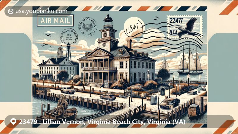 Modern illustration of Lillian Vernon, Virginia Beach City, Virginia, highlighting ZIP code 23479, featuring iconic landmarks like the Cape Henry Lighthouse, First Landing State Park, and the Virginia Beach Boardwalk, blending historical buildings with modern city hall and postal elements.