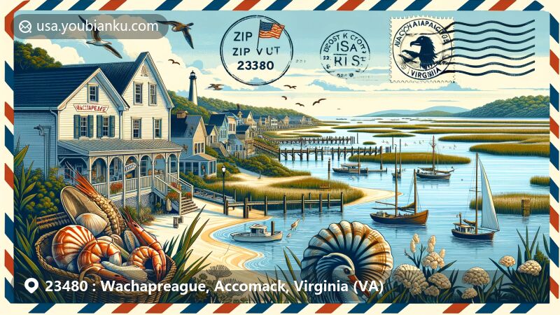 Modern illustration of Wachapreague, Accomack County, Virginia, highlighting coastal town charm with ZIP code 23480, airmail envelope motif, Virginia state flag postage stamp, and Victorian-era town street.
