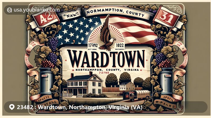 Modern illustration of Wardtown, Northampton County, Virginia, capturing rural essence with Grapeland historic site, Virginia state flag, and vintage postal theme, emphasizing ZIP code 23482.