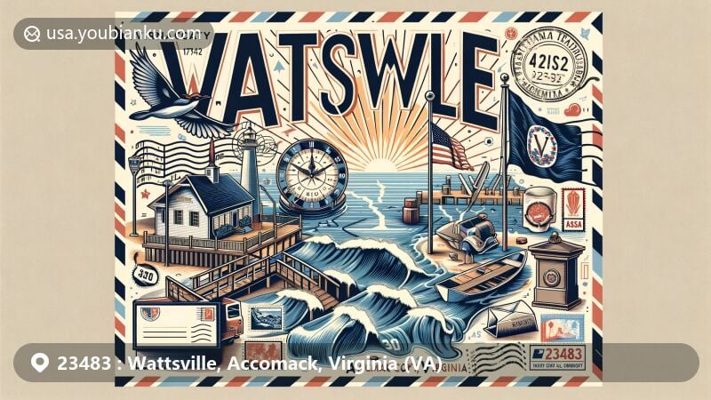 Modern illustration of Wattsville, Accomack County, Virginia, featuring Virginia state flag, Accomack County outline, and creative postal elements with ZIP code 23483.