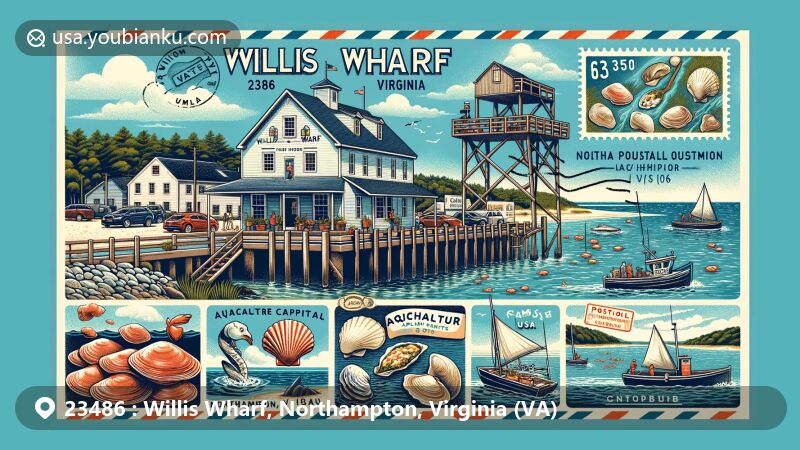 Modern illustration of Willis Wharf, Northampton County, Virginia, known as 'Clam Town USA,' highlighting aquaculture industry with clam and oyster farming, featuring 1850 general store turned restaurant, ocean view platform, and fishing boat.