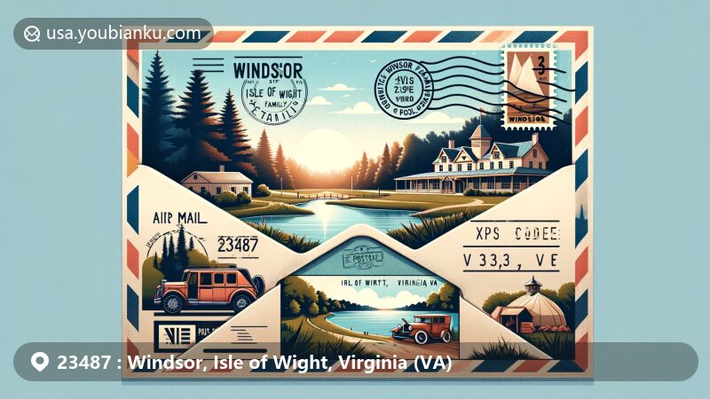 Modern illustration of Windsor, Isle of Wight, Virginia (VA), capturing postal theme with detailed features, including Isle of Wight Family Campground, Windsor Station, and vintage postal elements.