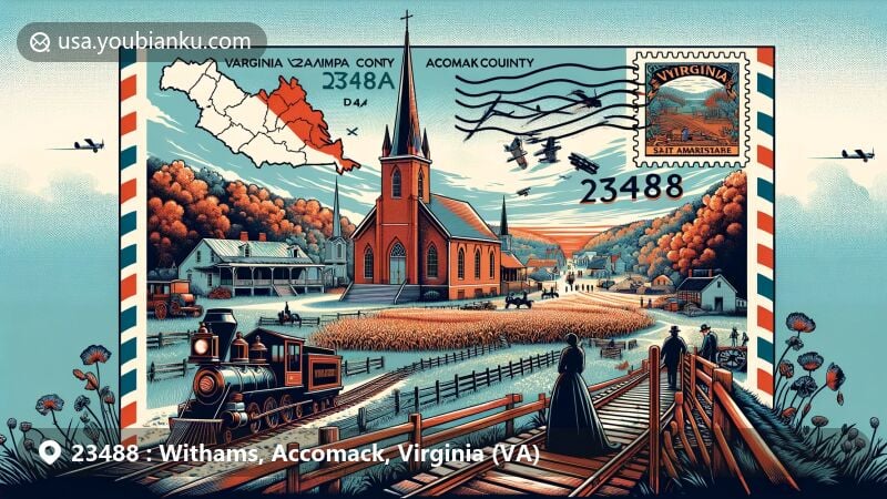 Modern illustration showcasing withams, Accomack County, Virginia, with ZIP code 23488, featuring American Civil War history, railroad significance, and agricultural heritage, creatively blended in a postal theme.