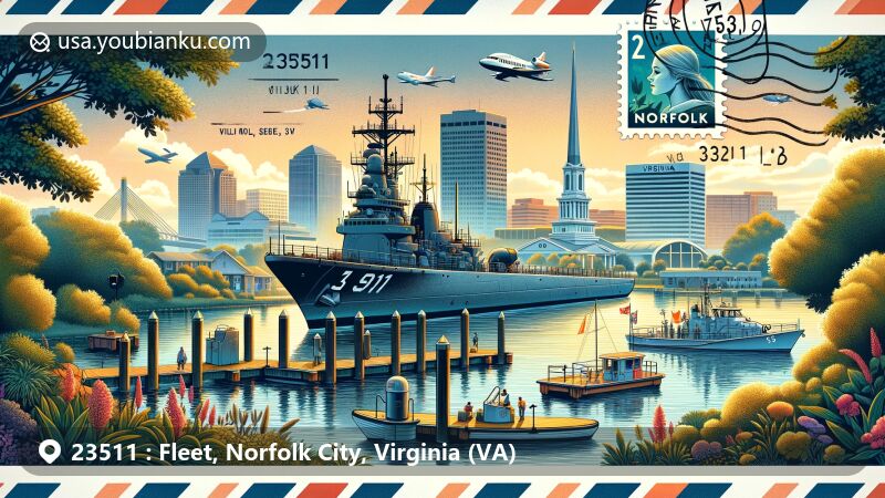 Modern illustration of Fleet, Norfolk City, Virginia, showcasing maritime heritage with Norfolk Naval Base featuring naval ships and submarines, Virginia Arts Festival elements, Norfolk Botanical Garden, and Elizabeth River.