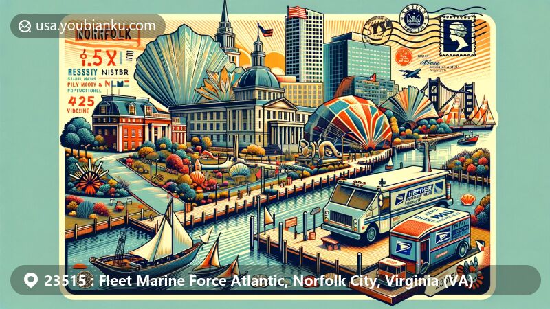 Modern illustration of Norfolk City, Virginia, highlighting maritime legacy, cultural events, and landmarks like Chrysler Museum of Art, Virginia Zoo, and Norfolk Botanical Garden. Features postal theme with vintage air mail envelope, stamps, postal truck, and ZIP code 23515, showcasing city's rich history and festivals.