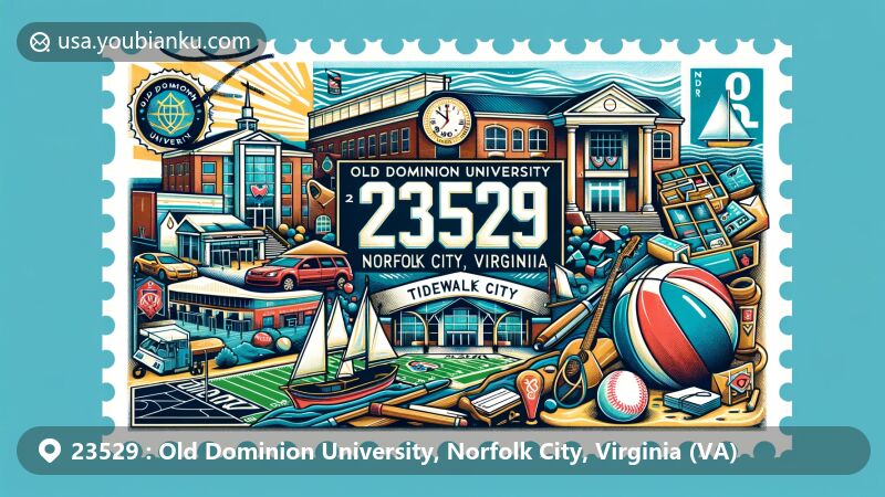 Creative illustration of ZIP Code 23529, featuring Old Dominion University in Norfolk City, Virginia, with academic, athletic, and maritime symbolism.