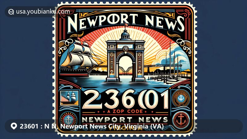 Modern illustration of Newport News, Virginia, with ZIP code 23601, featuring the Victory Arch symbolizing history and military connections, showcasing the city's natural beauty along the James River.