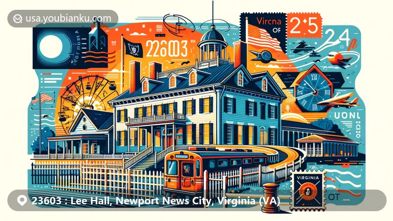 Modern illustration of Lee Hall, Newport News City, Virginia, blending Lee Hall Mansion and Lee Hall Depot architecture with Virginia symbols and postal elements, embodying the unique charm and postal identity of ZIP Code 23603.