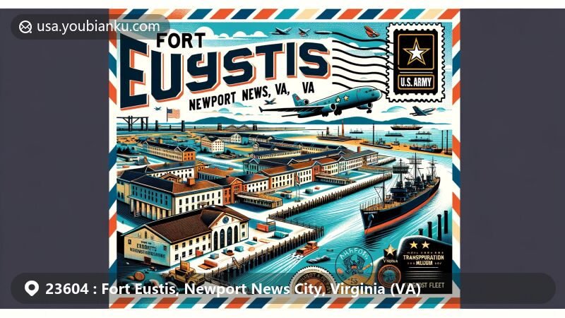 Modern illustration of Fort Eustis area in Newport News, Virginia, highlighting military history and iconic landmarks like U.S. Army Transportation Museum and Ghost Fleet on James River.