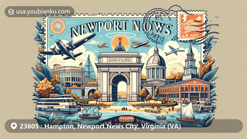Modern illustration of Hampton, Newport News City, Virginia, featuring ZIP code 23605 and iconic landmarks like Newport News Victory Arch, U.S. Army Transportation Museum, and Mary M. Torggler Fine Arts Center.