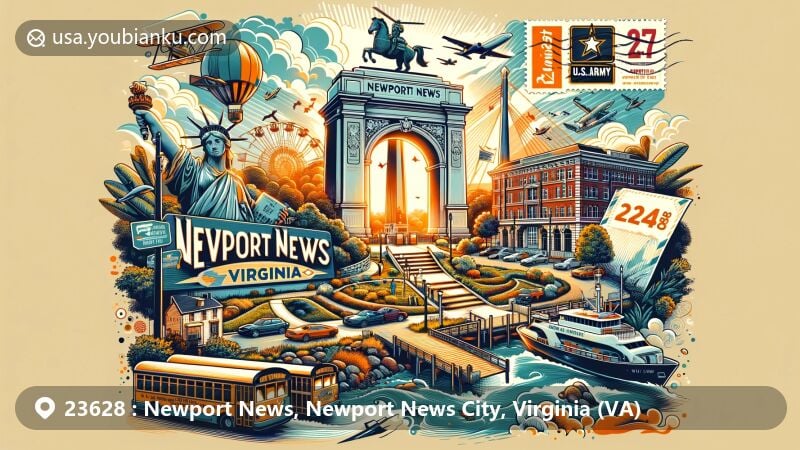 Modern illustration of Newport News, Virginia, showcasing postal theme with ZIP code 23628, featuring Victory Arch, Newport News Park, and U.S. Army Transportation Museum.