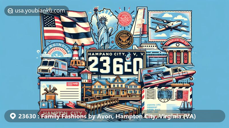 Modern illustration of ZIP Code 23630, Hampton City, Virginia, featuring state flag, famous landmark, and coastal/naval base significance, with postcard/airmail envelope design, stamps, postmarks, and postal elements like mailbox/mail van.