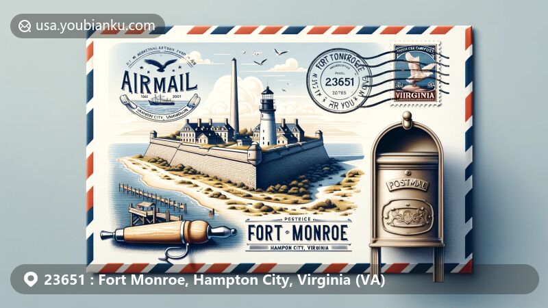 Modern illustration of Fort Monroe in Hampton City, Virginia, on a creative airmail envelope, showcasing iconic landmarks like the stone fortress and Old Point Comfort Lighthouse.