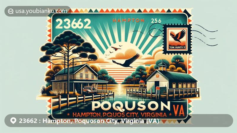 Modern illustration of Poquoson, Hampton, Virginia, highlighting ZIP code 23662, featuring unique aspects like the 'great marsh,' longleaf pine symbol, historic Tom Hunt's Store, and Tidewater Region shape of Virginia.