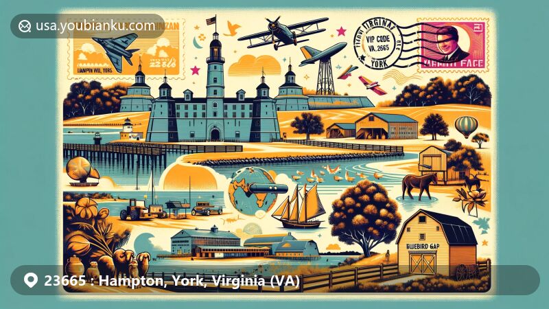 Contemporary artwork depicting Hampton, York, Virginia area associated with ZIP code 23665, showcasing Fort Monroe National Monument, Virginia Air & Space Science Center, Buckroe Beach and Park, Bluebird Gap Farm, and postal elements.