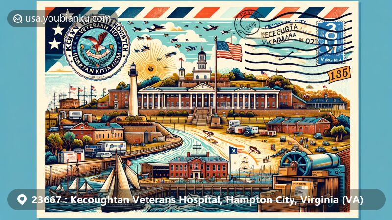 Creative illustration of Kecoughtan Veterans Hospital, Hampton City, Virginia, featuring Fort Monroe National Monument, Chesapeake Bay view, Virginia state flag, Emancipation Oak, postal theme with ZIP code '23667', and vibrant colors.