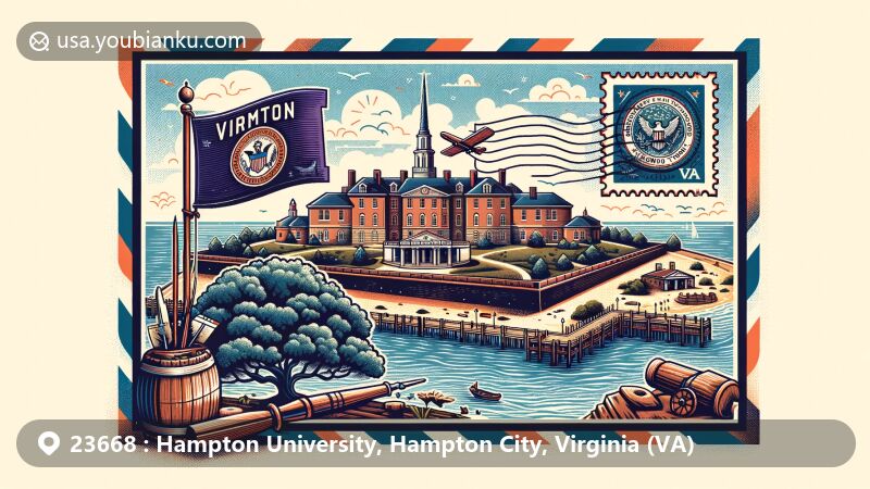 Modern illustration of Hampton University, Fort Monroe National Monument, and Emancipation Oak tree in Hampton City, Virginia, featuring state flag backdrop. Postal theme with air mail design, 'Hampton, VA 23668' postmark, and quill and ink bottle.