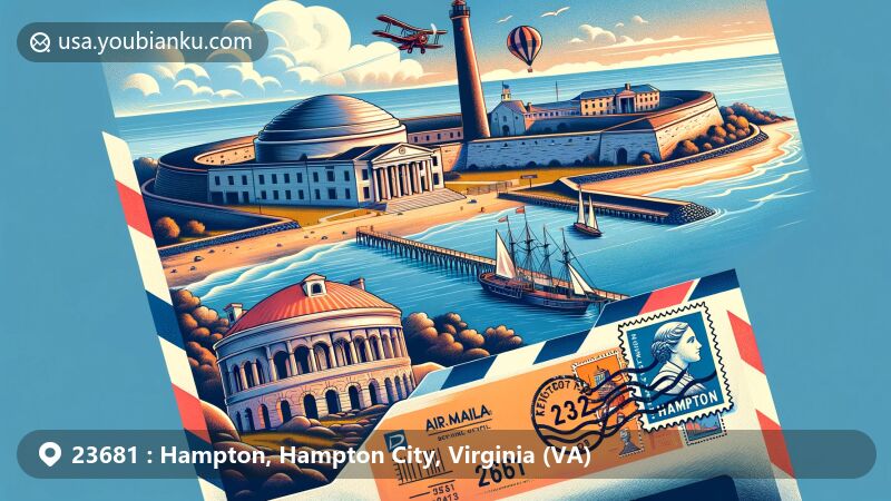 Vivid illustration featuring Fort Monroe National Monument in Hampton, VA, with airmail envelope showing ZIP Code 23681, Hampton Coliseum stamp, and current postmark, along with scenic Chesapeake Bay.