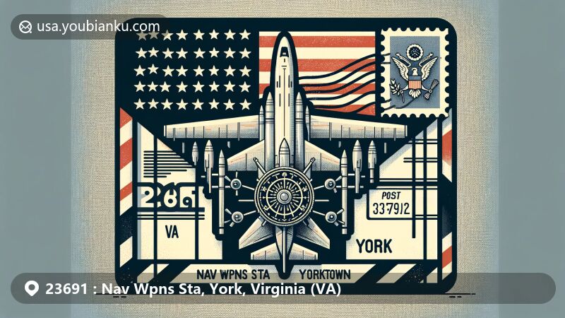 Modern illustration of Nav Wpns Sta, York, Virginia, featuring a creative postal theme for ZIP code 23691 with a focus on Naval Weapons Station Yorktown and Virginia state flag elements.