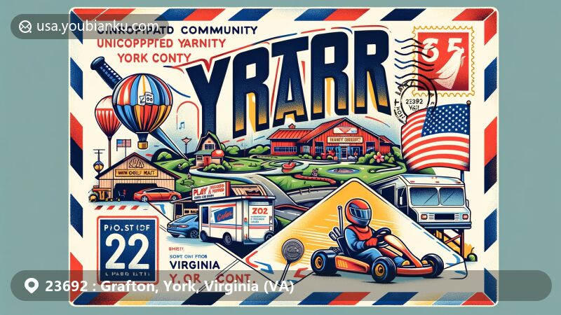 Modern illustration of Grafton, York, Virginia area, highlighting postal theme with ZIP code 23692 and local attractions from Play A Round Family Fun Center, including mini golf, go-karts, and laser tag. Features elements of Virginia state flag and vintage air mail envelope.